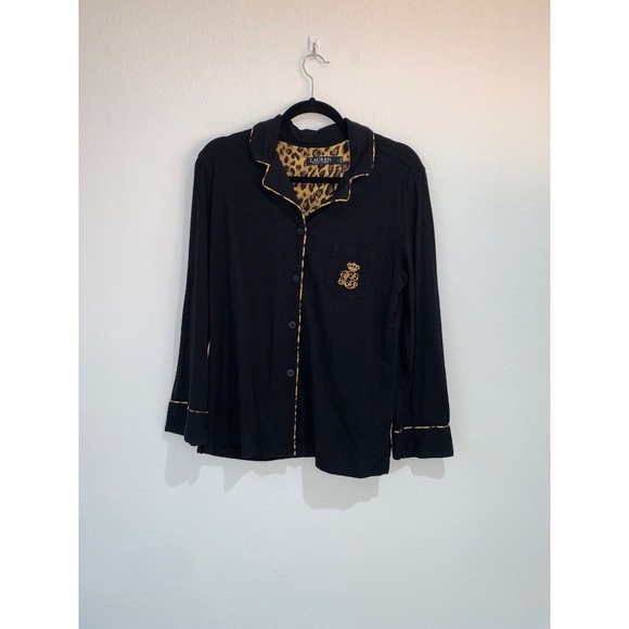 Lauren Ralph Lauren Other - Lauren Ralph Lauren black Pajama Top Leopard Trim Button Down Sleep Shirt Large